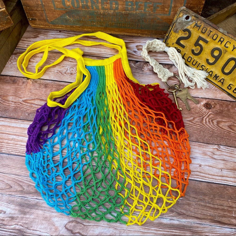 🆕🆕✨ RAINBOW ORGANIC COTTON STRING NET REUSABLE FRENCH MARKET BAG- LONG HANDLE